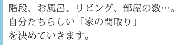 階段、お風呂、リビング、部屋の数…。 自分たちらしい「家の間取り」 を決めていきます。